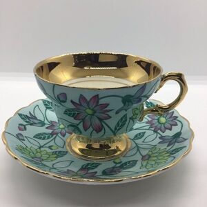 ROSINA Turquoise Blue Floral Bone China Tea Cup and Saucer England Gold Gilt